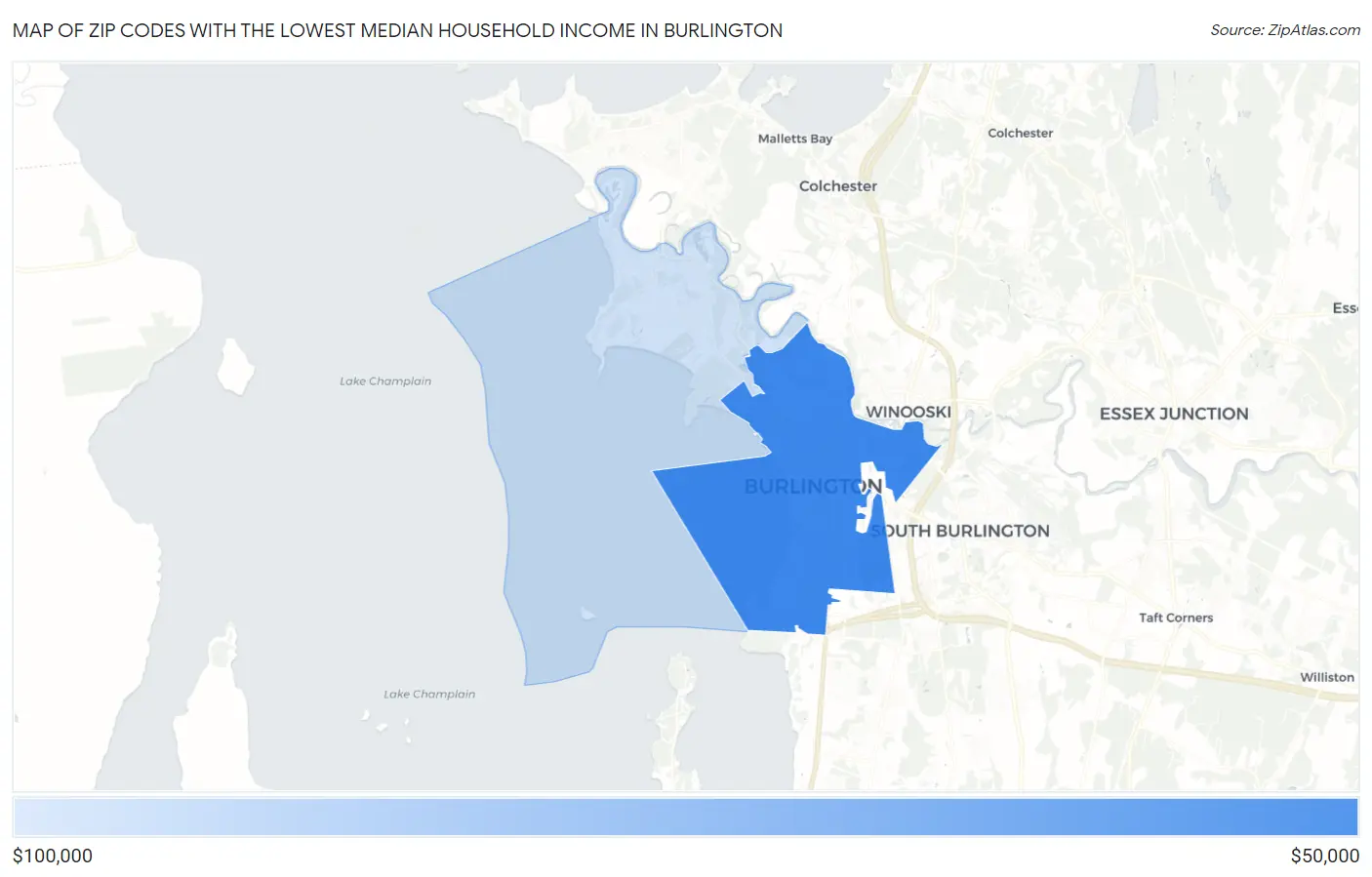 Zip Codes with the Lowest Median Household Income in Burlington Map