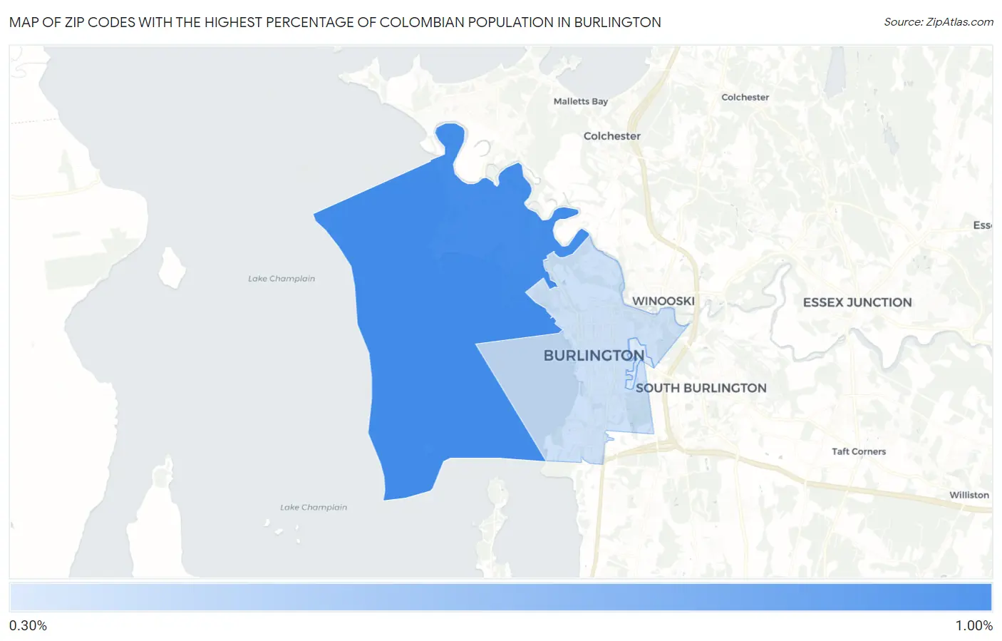 Zip Codes with the Highest Percentage of Colombian Population in Burlington Map