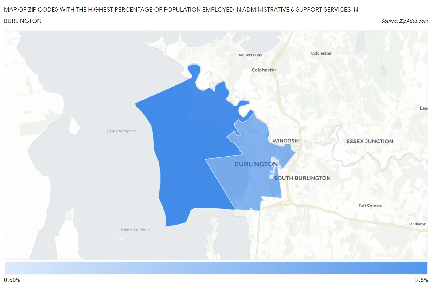 Zip Codes with the Highest Percentage of Population Employed in Administrative & Support Services in Burlington Map