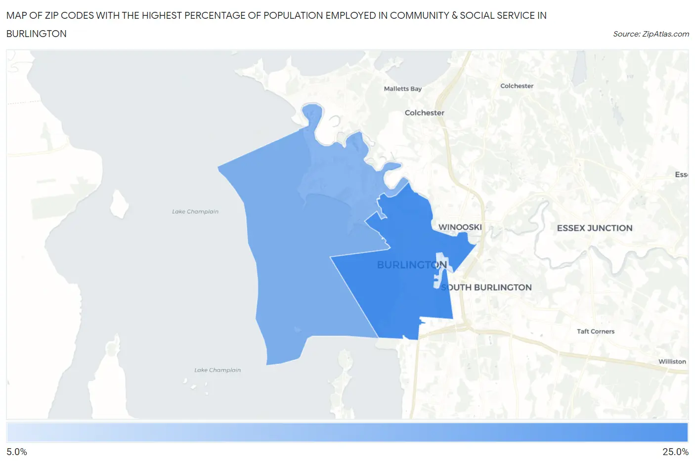Zip Codes with the Highest Percentage of Population Employed in Community & Social Service  in Burlington Map