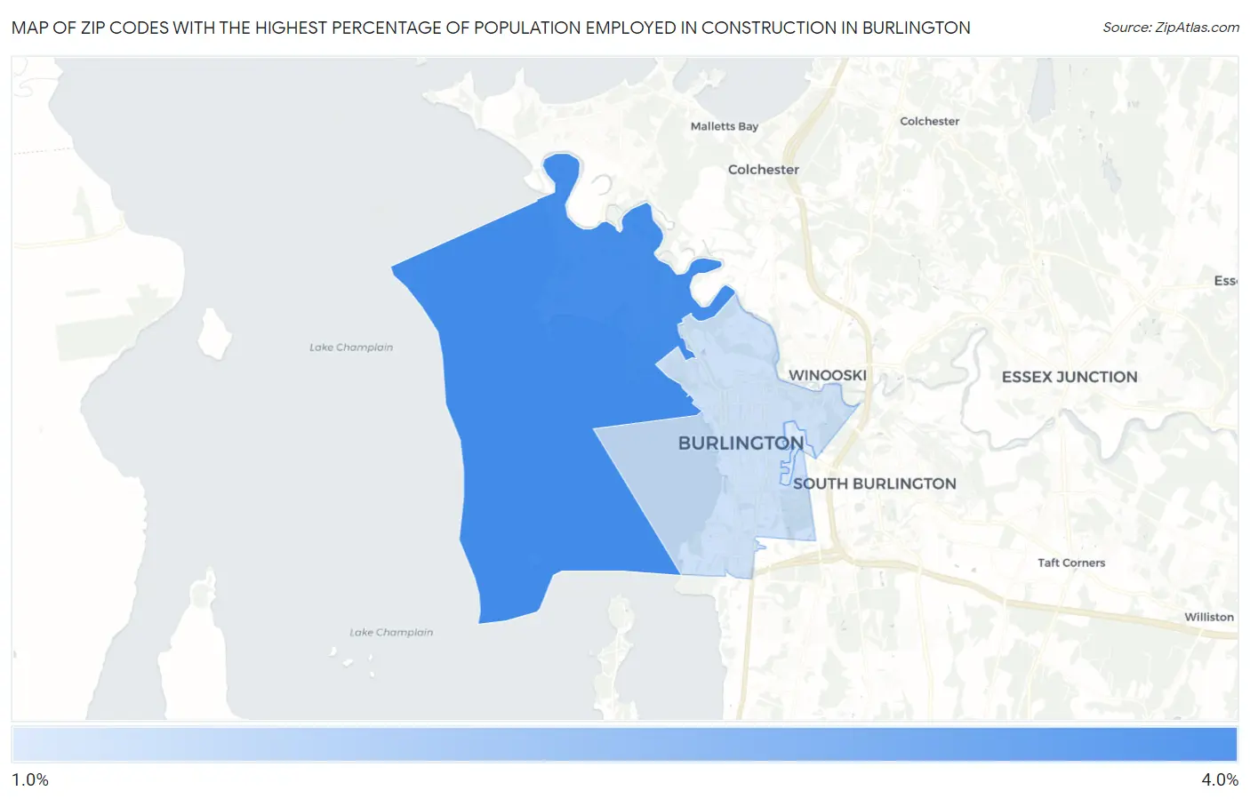 Zip Codes with the Highest Percentage of Population Employed in Construction in Burlington Map