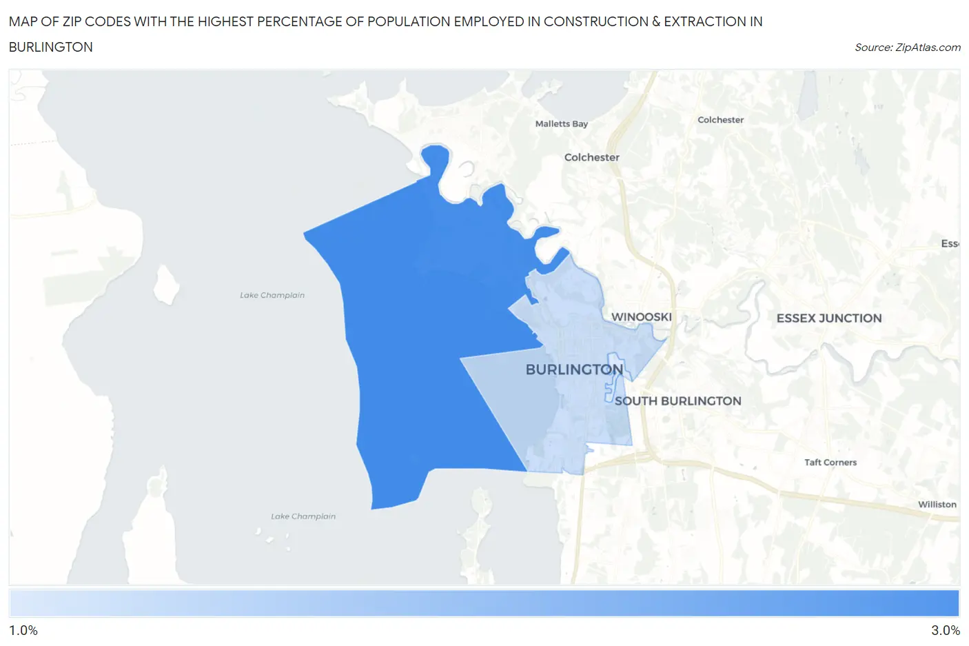 Zip Codes with the Highest Percentage of Population Employed in Construction & Extraction in Burlington Map