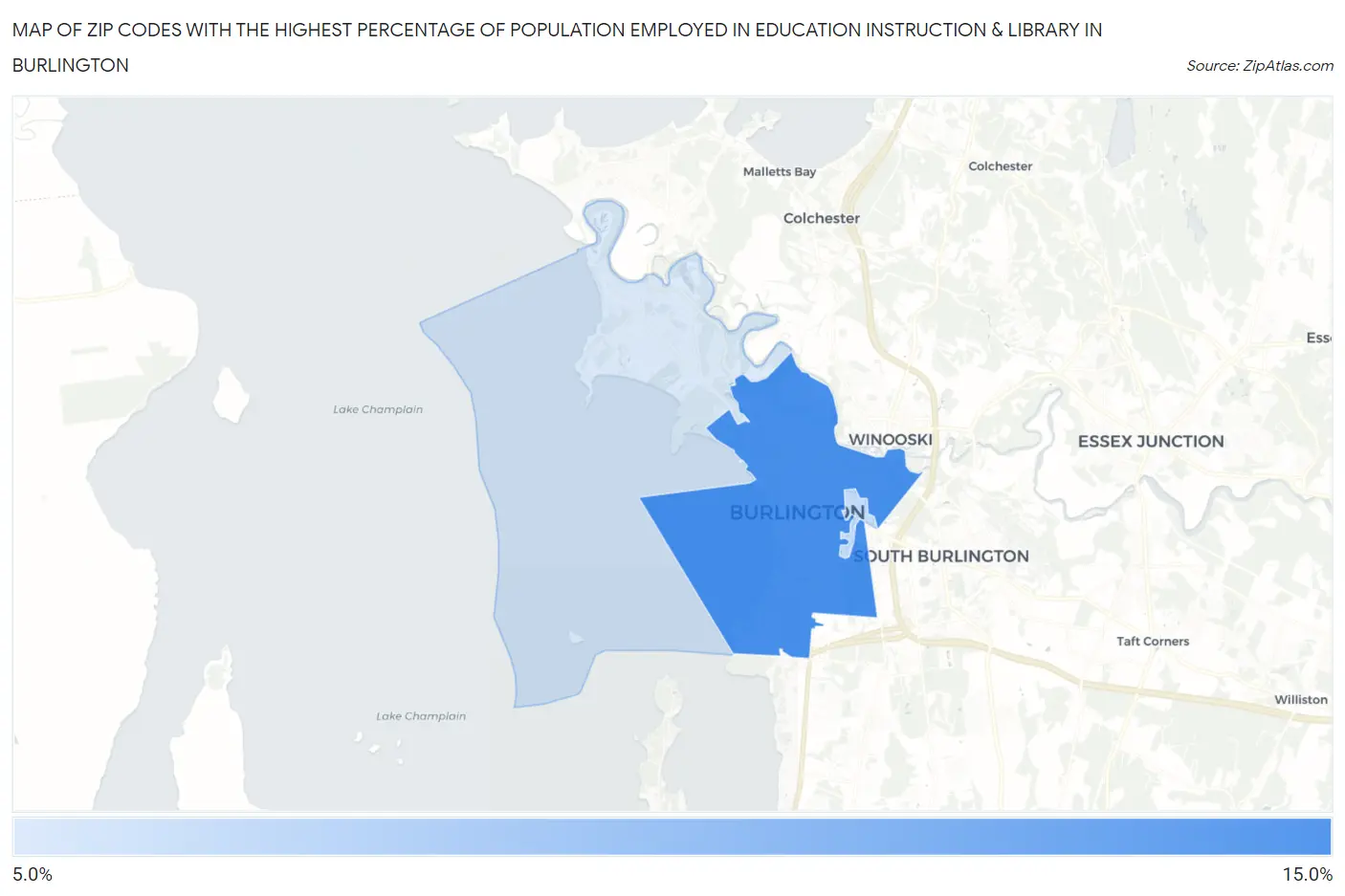 Zip Codes with the Highest Percentage of Population Employed in Education Instruction & Library in Burlington Map