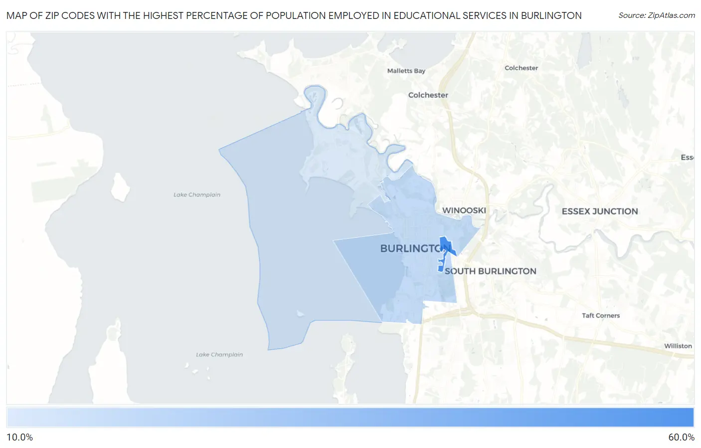 Zip Codes with the Highest Percentage of Population Employed in Educational Services in Burlington Map