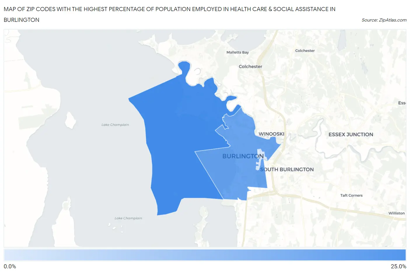 Zip Codes with the Highest Percentage of Population Employed in Health Care & Social Assistance in Burlington Map