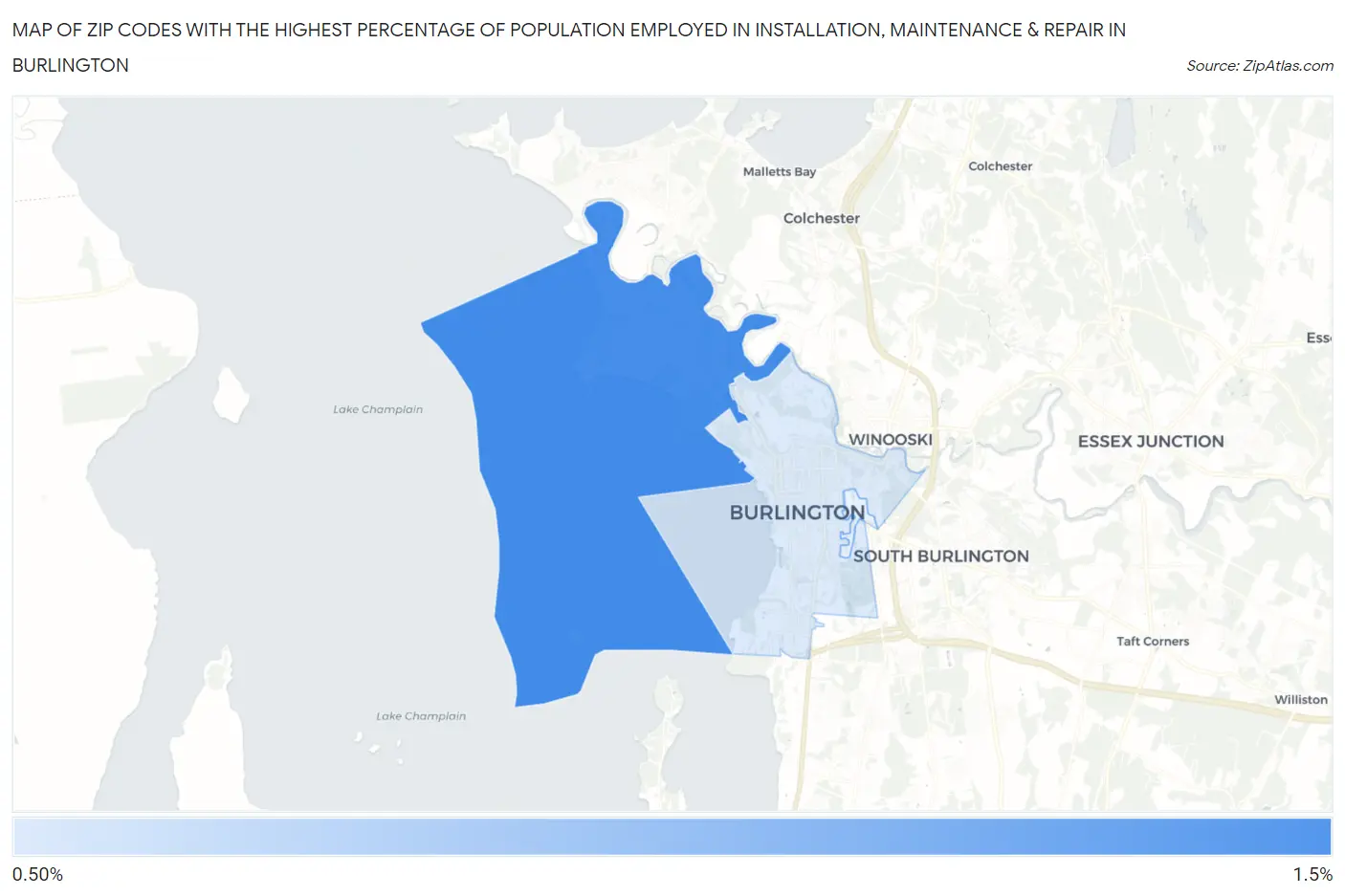 Zip Codes with the Highest Percentage of Population Employed in Installation, Maintenance & Repair in Burlington Map