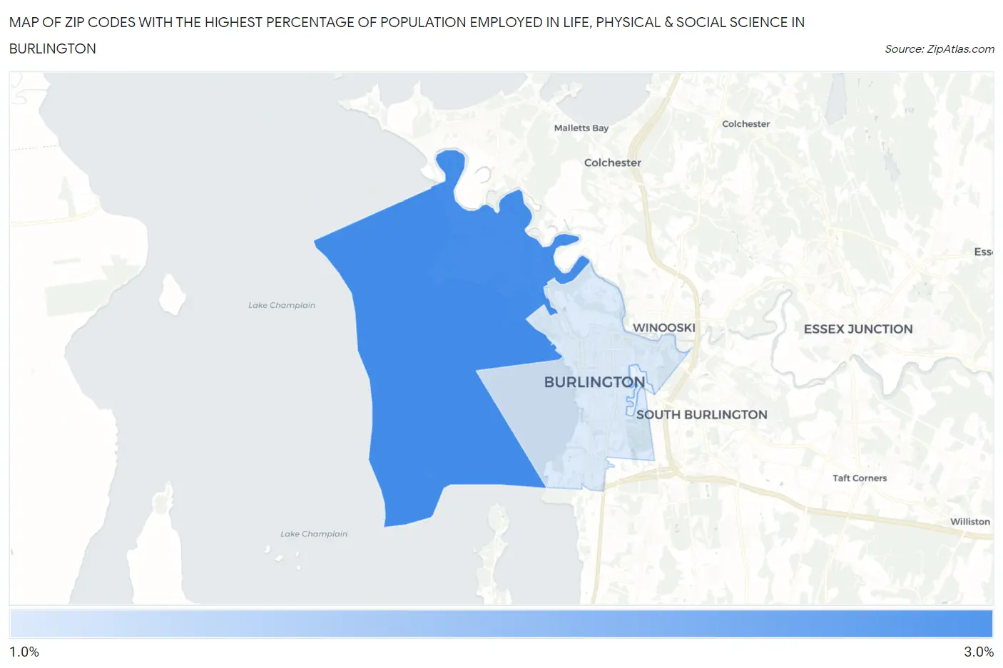 Zip Codes with the Highest Percentage of Population Employed in Life, Physical & Social Science in Burlington Map