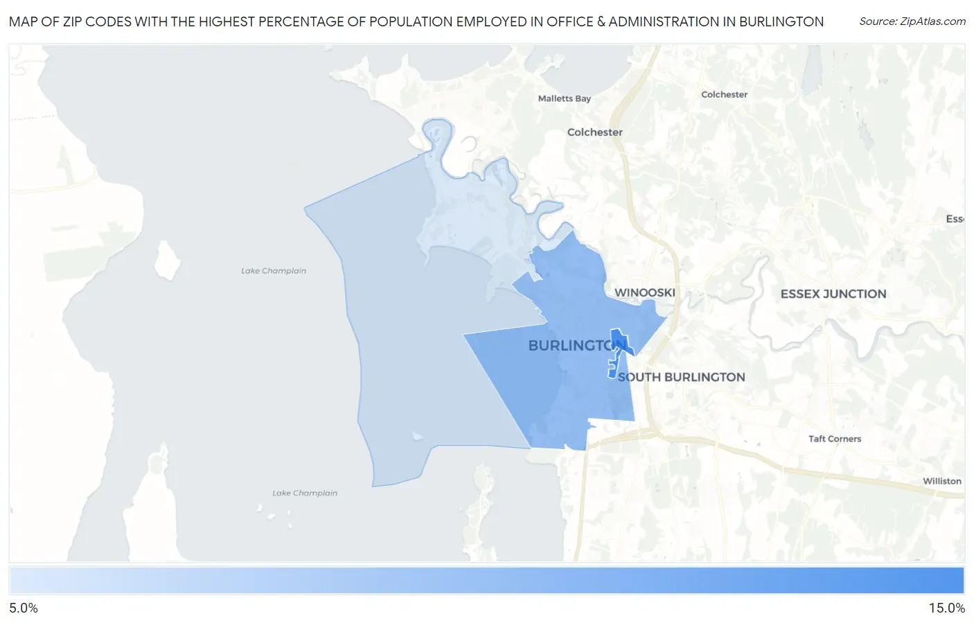 Zip Codes with the Highest Percentage of Population Employed in Office & Administration in Burlington Map