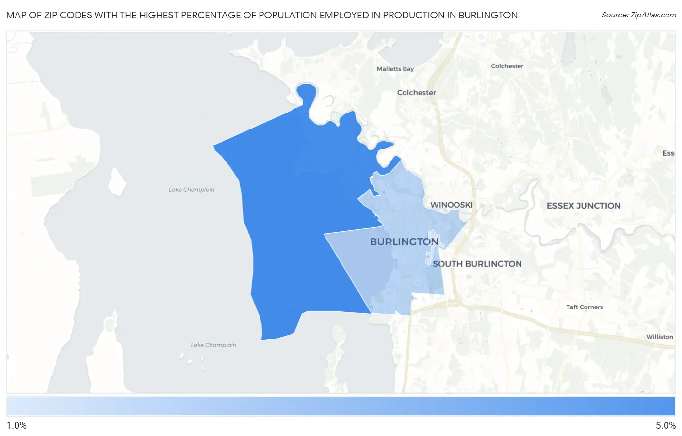Zip Codes with the Highest Percentage of Population Employed in Production in Burlington Map