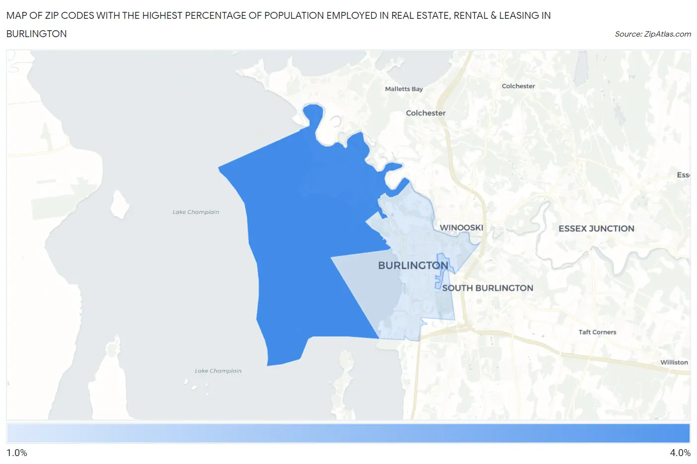 Zip Codes with the Highest Percentage of Population Employed in Real Estate, Rental & Leasing in Burlington Map