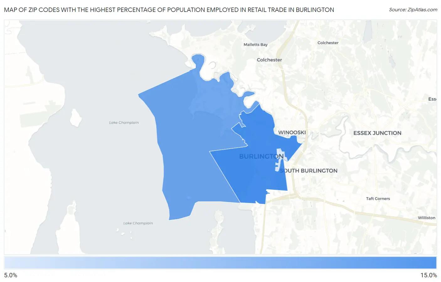 Zip Codes with the Highest Percentage of Population Employed in Retail Trade in Burlington Map
