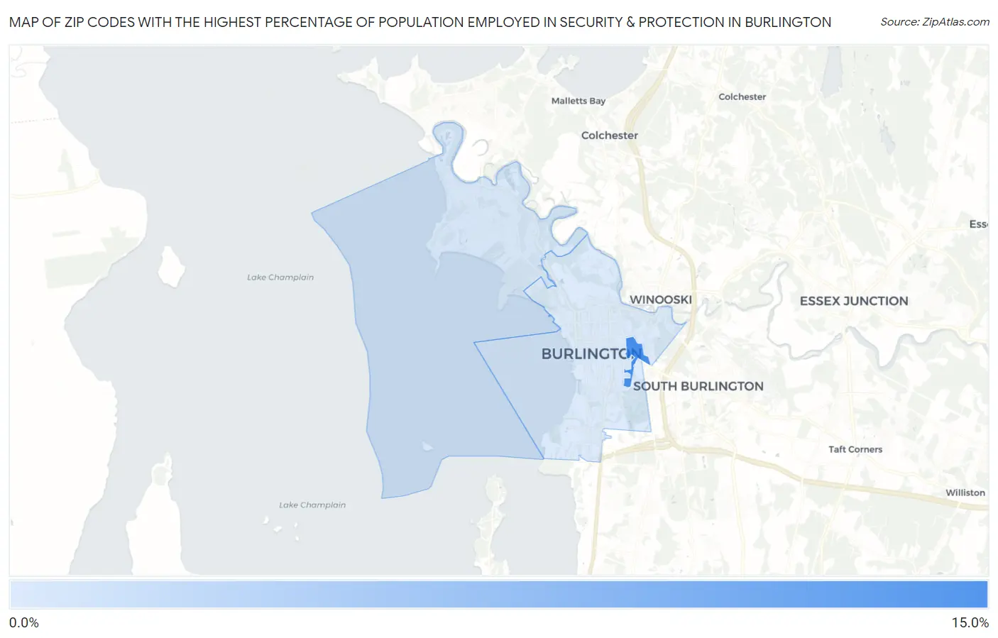 Zip Codes with the Highest Percentage of Population Employed in Security & Protection in Burlington Map