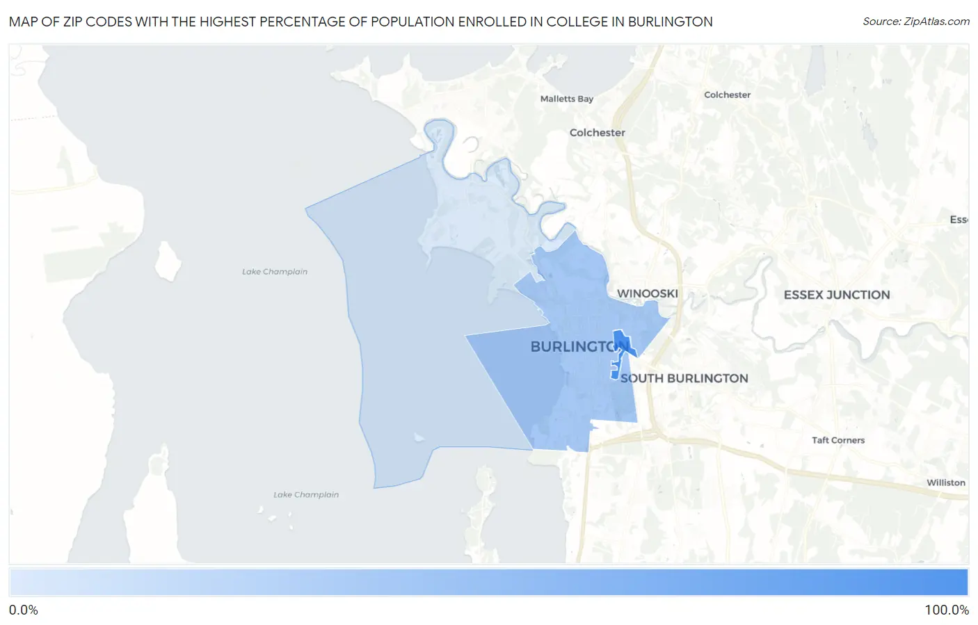 Zip Codes with the Highest Percentage of Population Enrolled in College in Burlington Map
