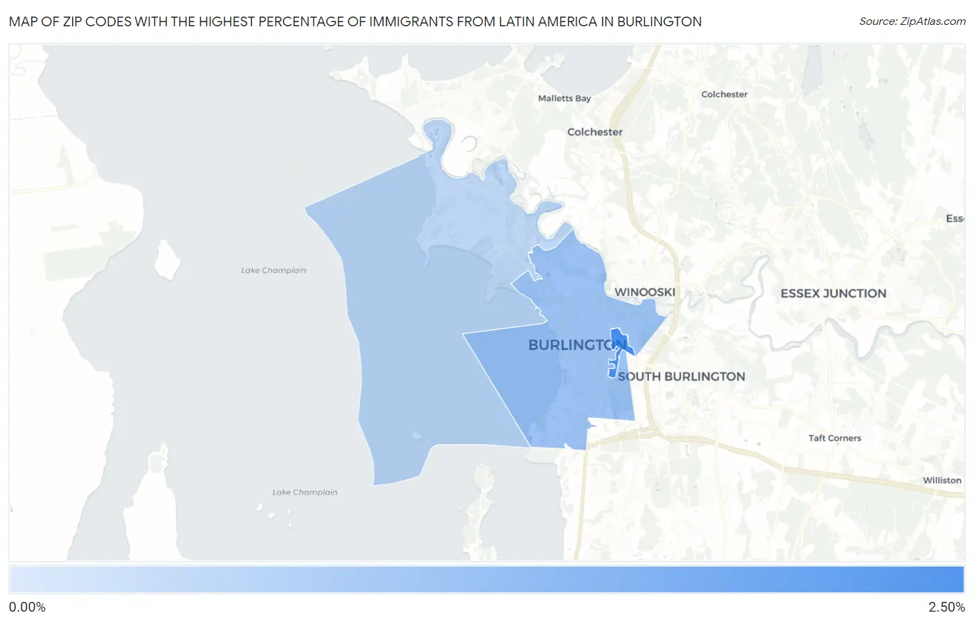 Zip Codes with the Highest Percentage of Immigrants from Latin America in Burlington Map