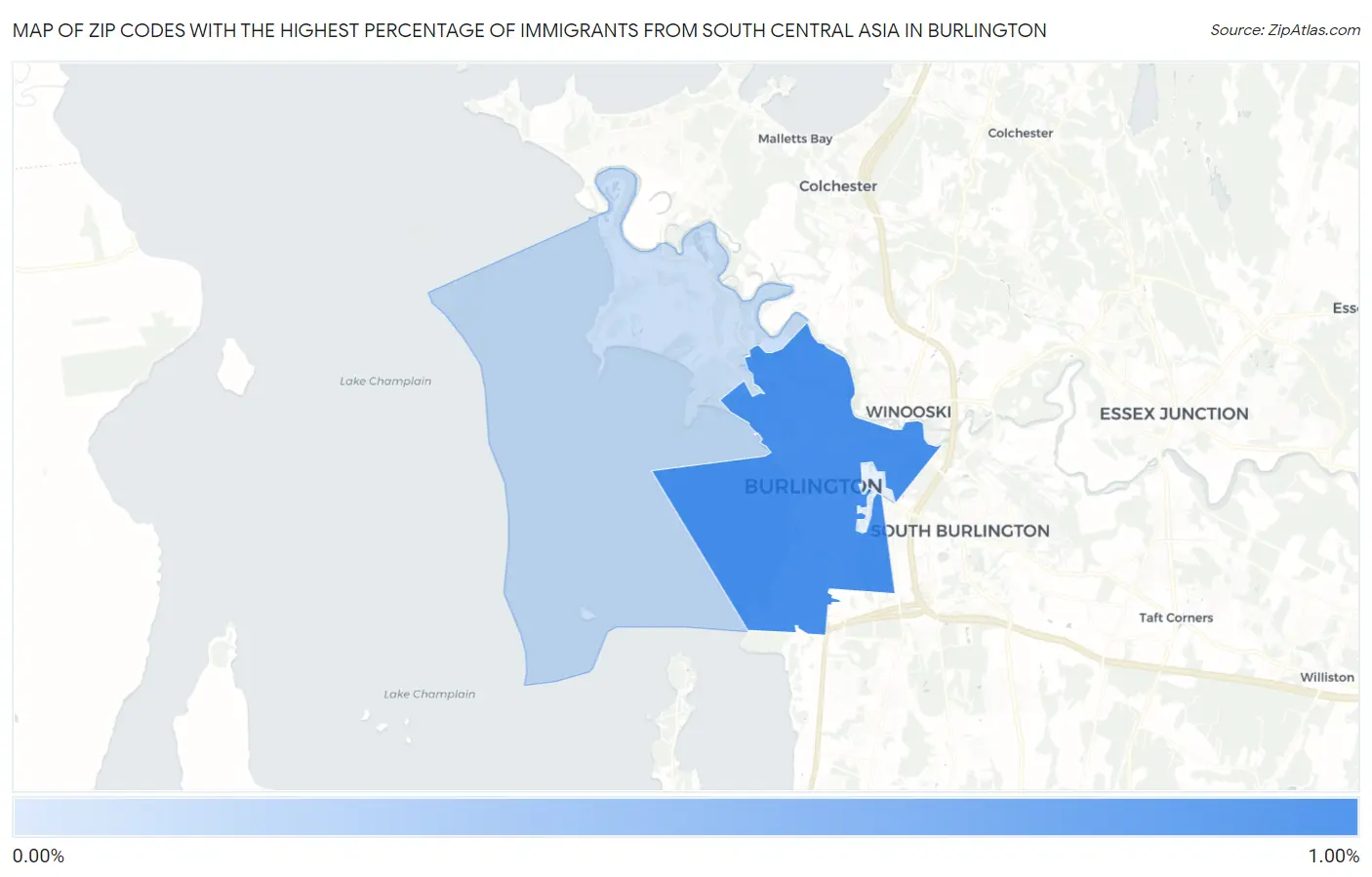 Zip Codes with the Highest Percentage of Immigrants from South Central Asia in Burlington Map