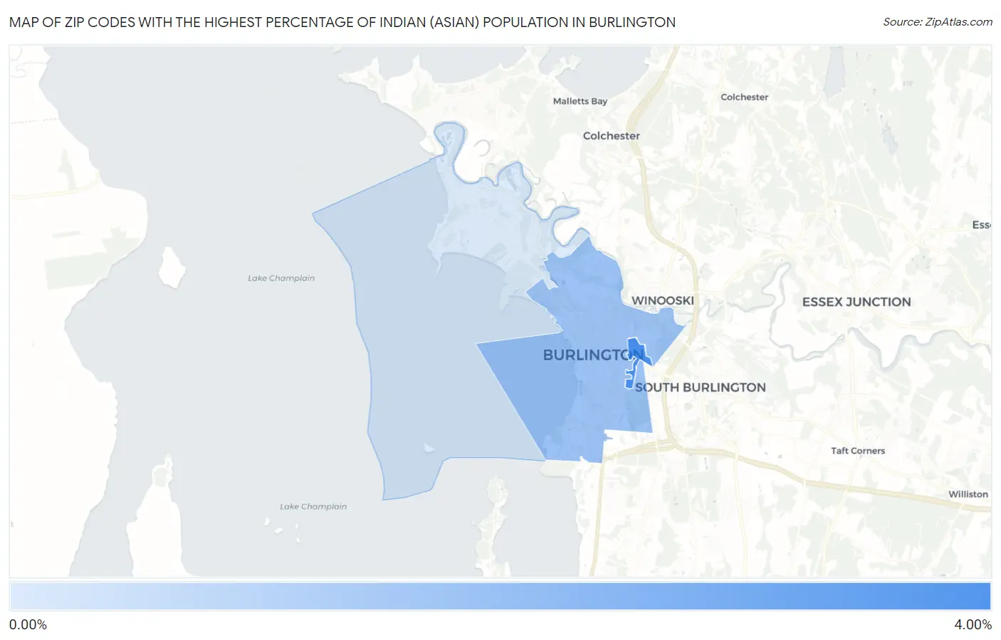 Zip Codes with the Highest Percentage of Indian (Asian) Population in Burlington Map