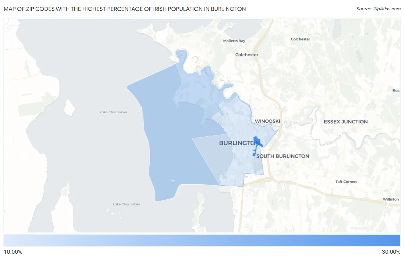 Zip Codes with the Highest Percentage of Irish Population in Burlington Map