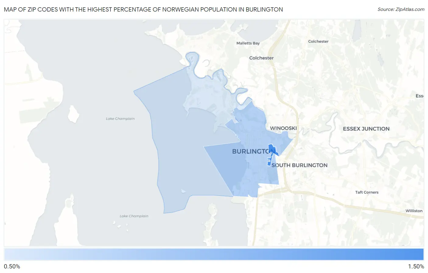 Zip Codes with the Highest Percentage of Norwegian Population in Burlington Map