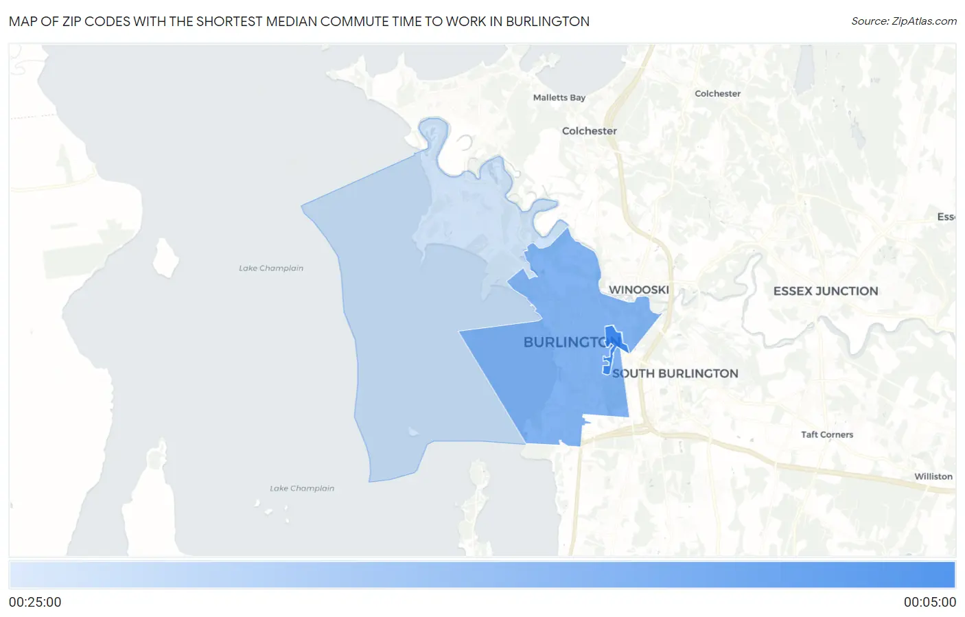 Zip Codes with the Shortest Median Commute Time to Work in Burlington Map