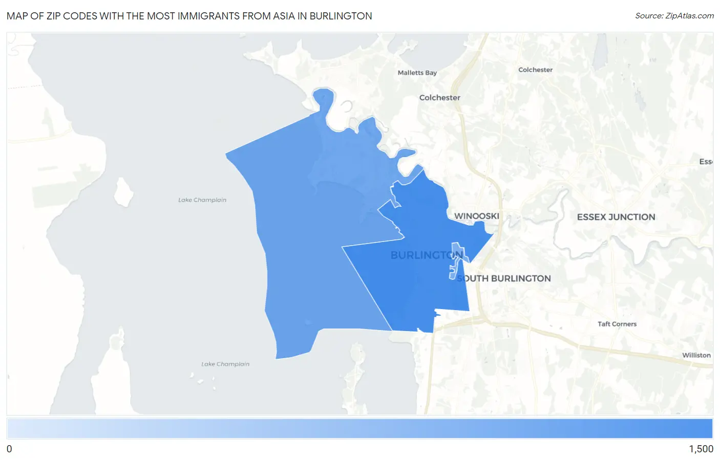 Zip Codes with the Most Immigrants from Asia in Burlington Map