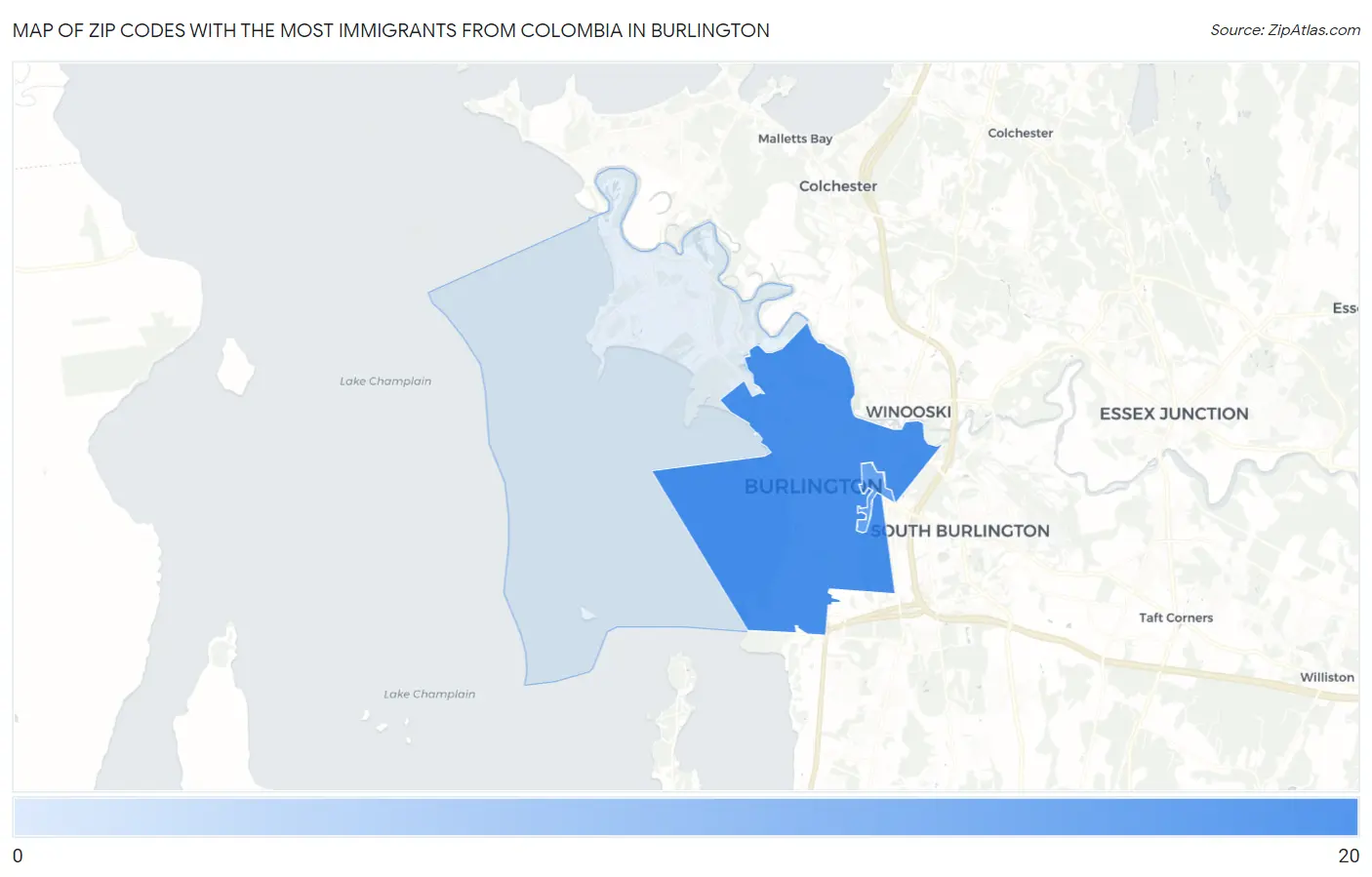 Zip Codes with the Most Immigrants from Colombia in Burlington Map