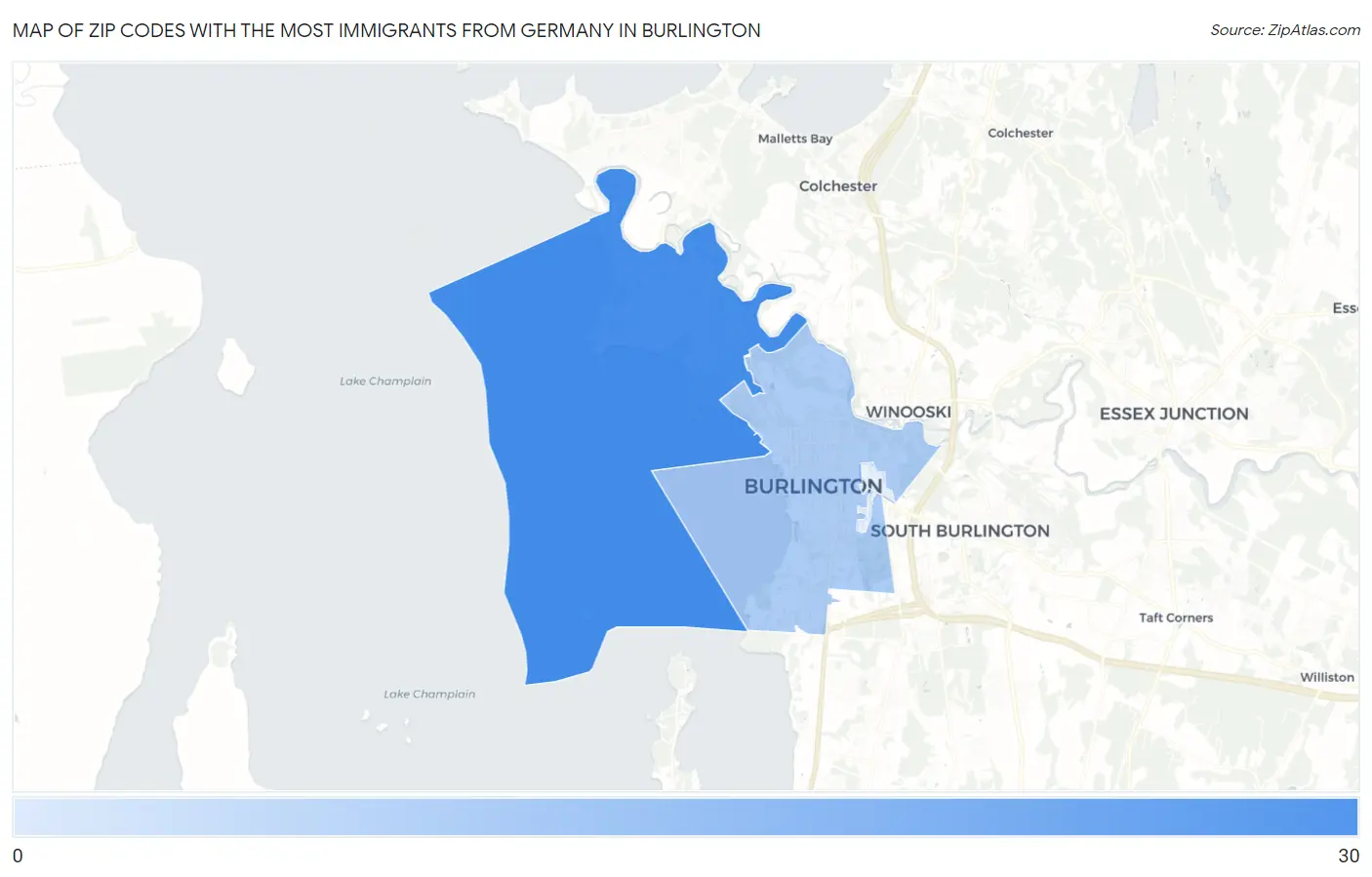 Zip Codes with the Most Immigrants from Germany in Burlington Map