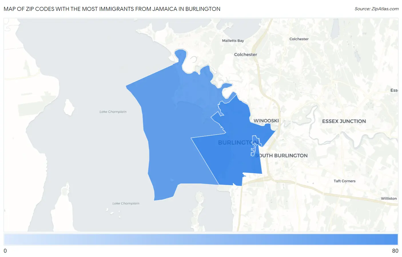 Zip Codes with the Most Immigrants from Jamaica in Burlington Map