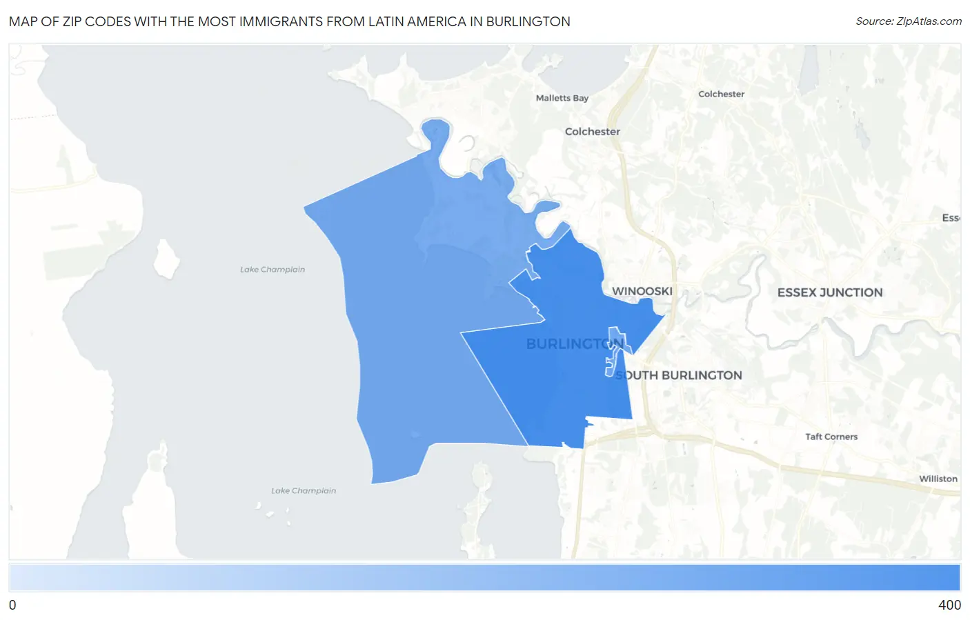 Zip Codes with the Most Immigrants from Latin America in Burlington Map