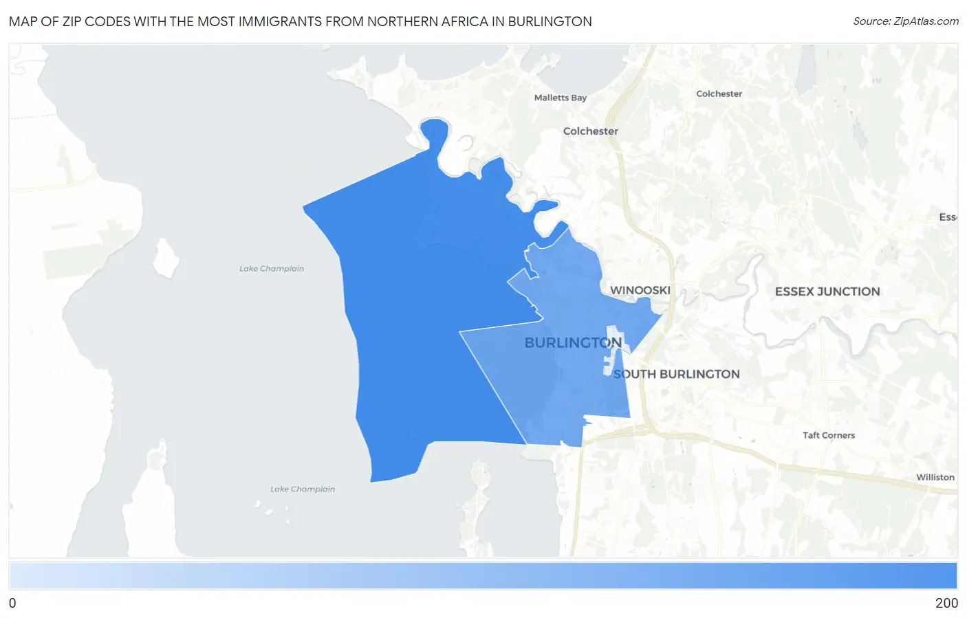 Zip Codes with the Most Immigrants from Northern Africa in Burlington Map