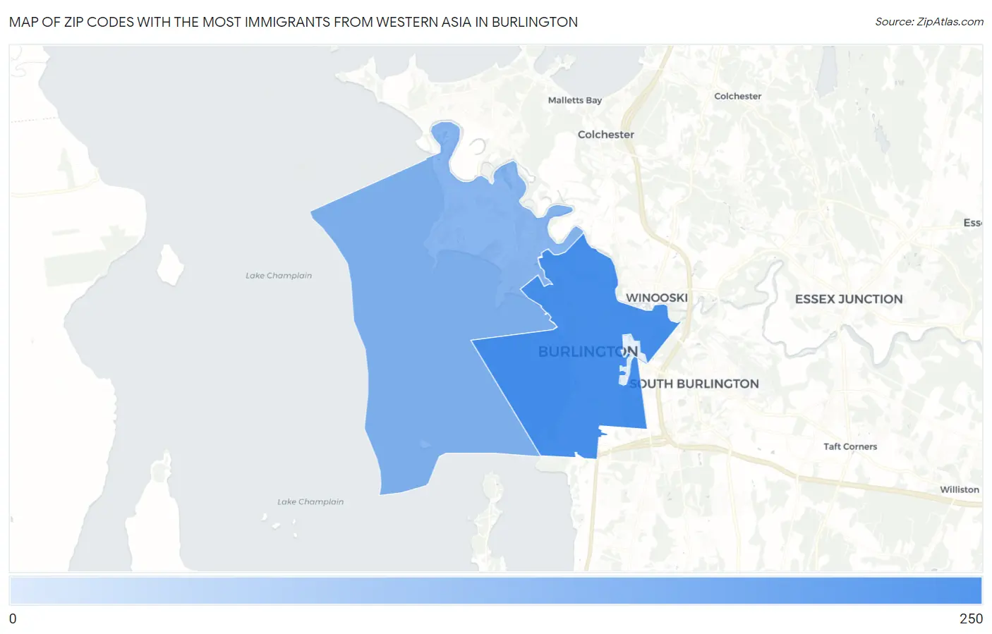 Zip Codes with the Most Immigrants from Western Asia in Burlington Map