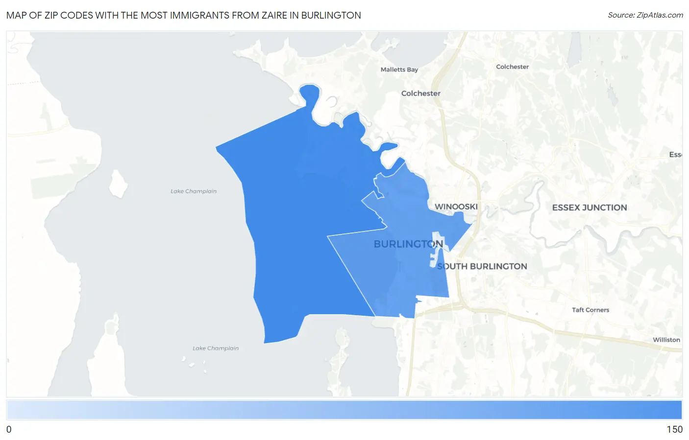 Zip Codes with the Most Immigrants from Zaire in Burlington Map