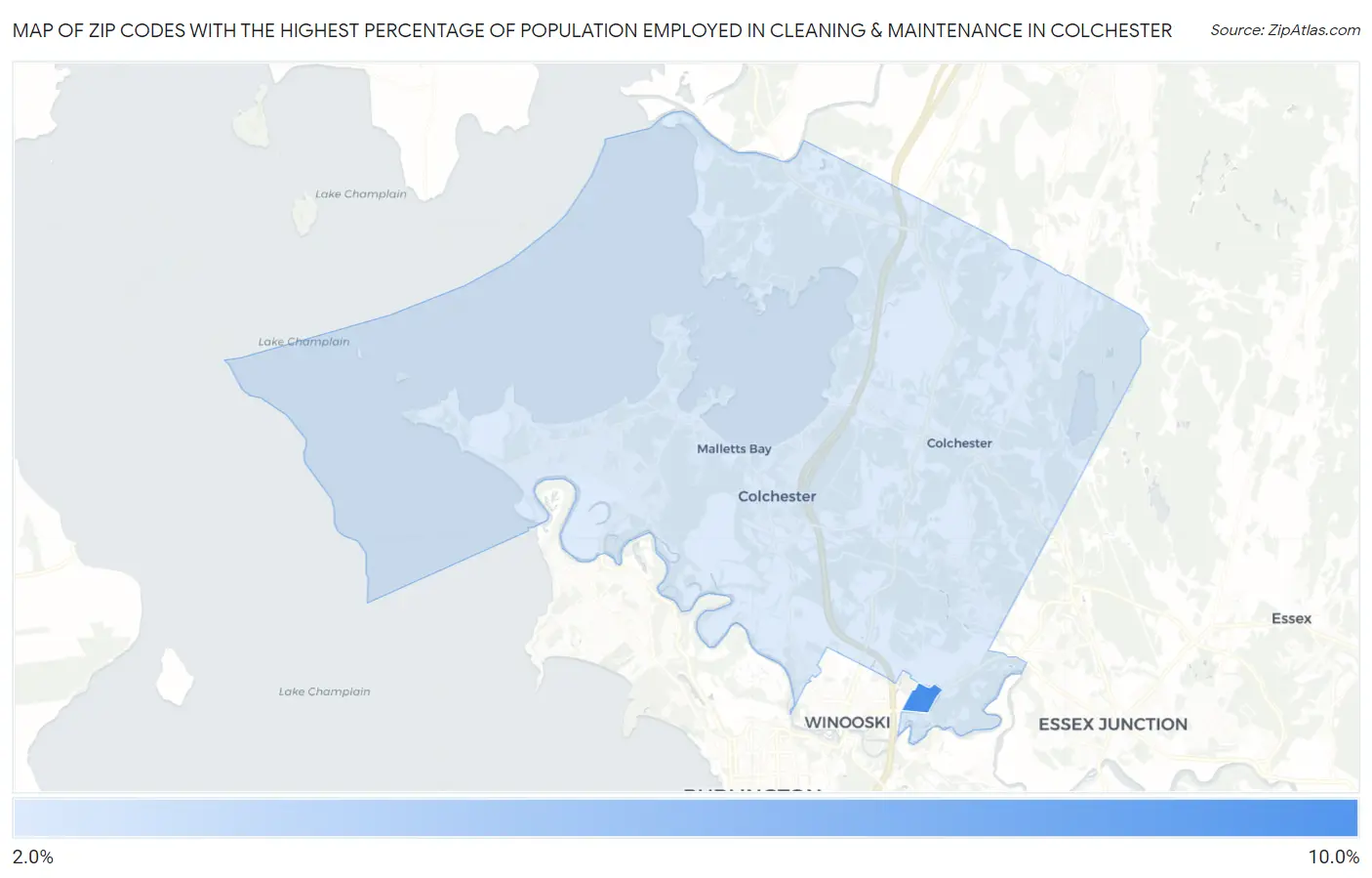 Zip Codes with the Highest Percentage of Population Employed in Cleaning & Maintenance in Colchester Map