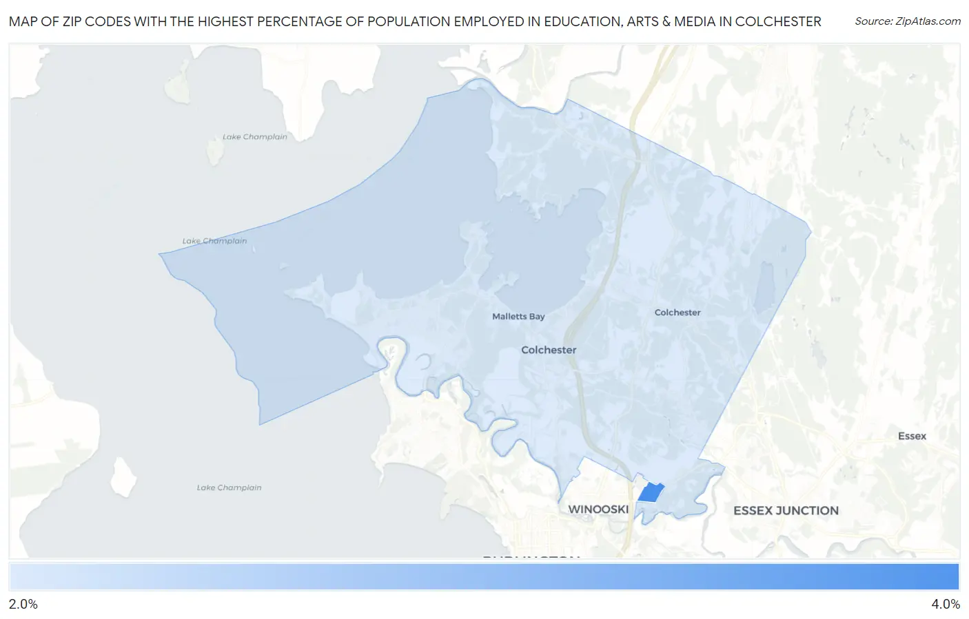 Zip Codes with the Highest Percentage of Population Employed in Education, Arts & Media in Colchester Map