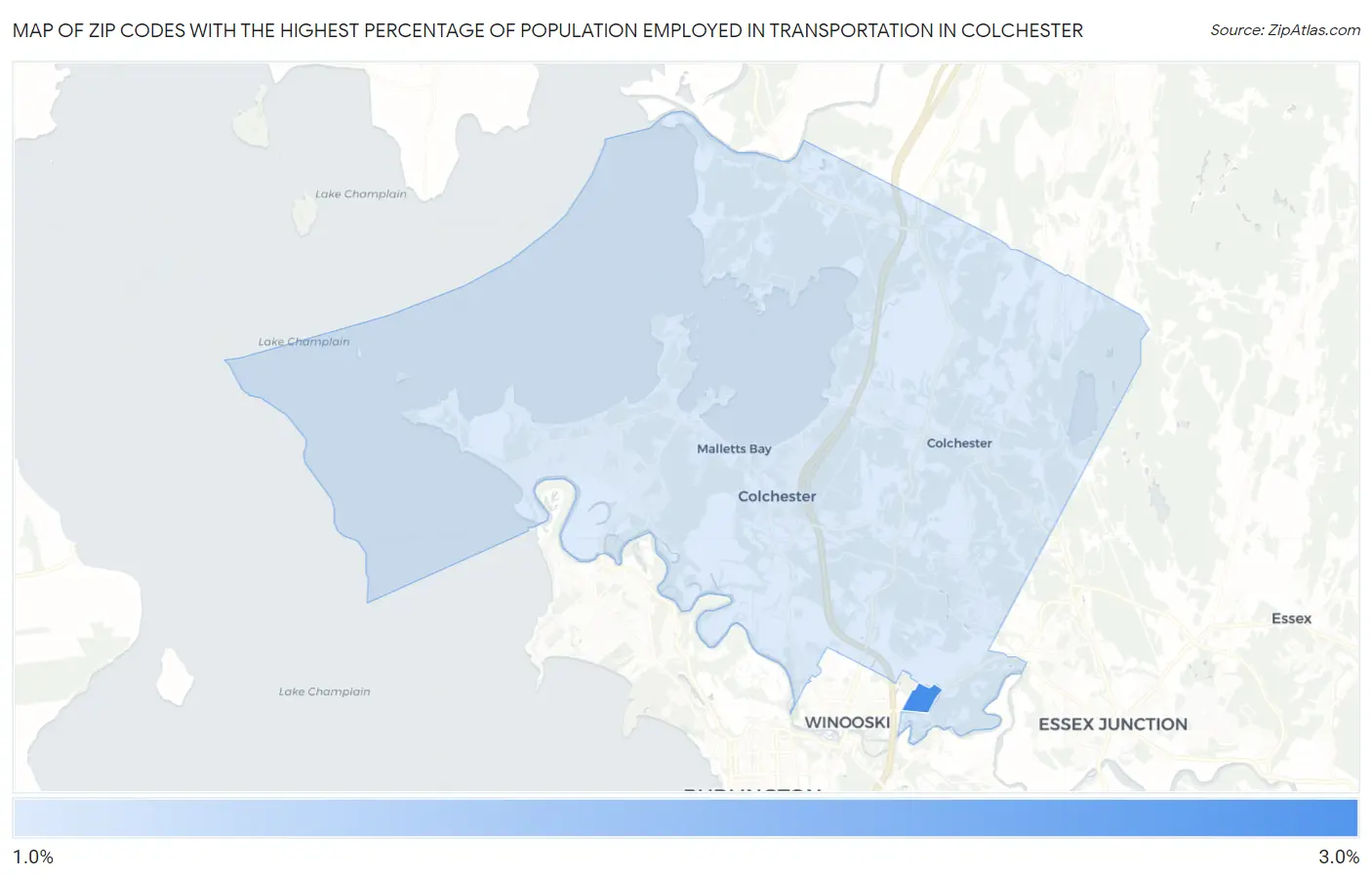 Zip Codes with the Highest Percentage of Population Employed in Transportation in Colchester Map