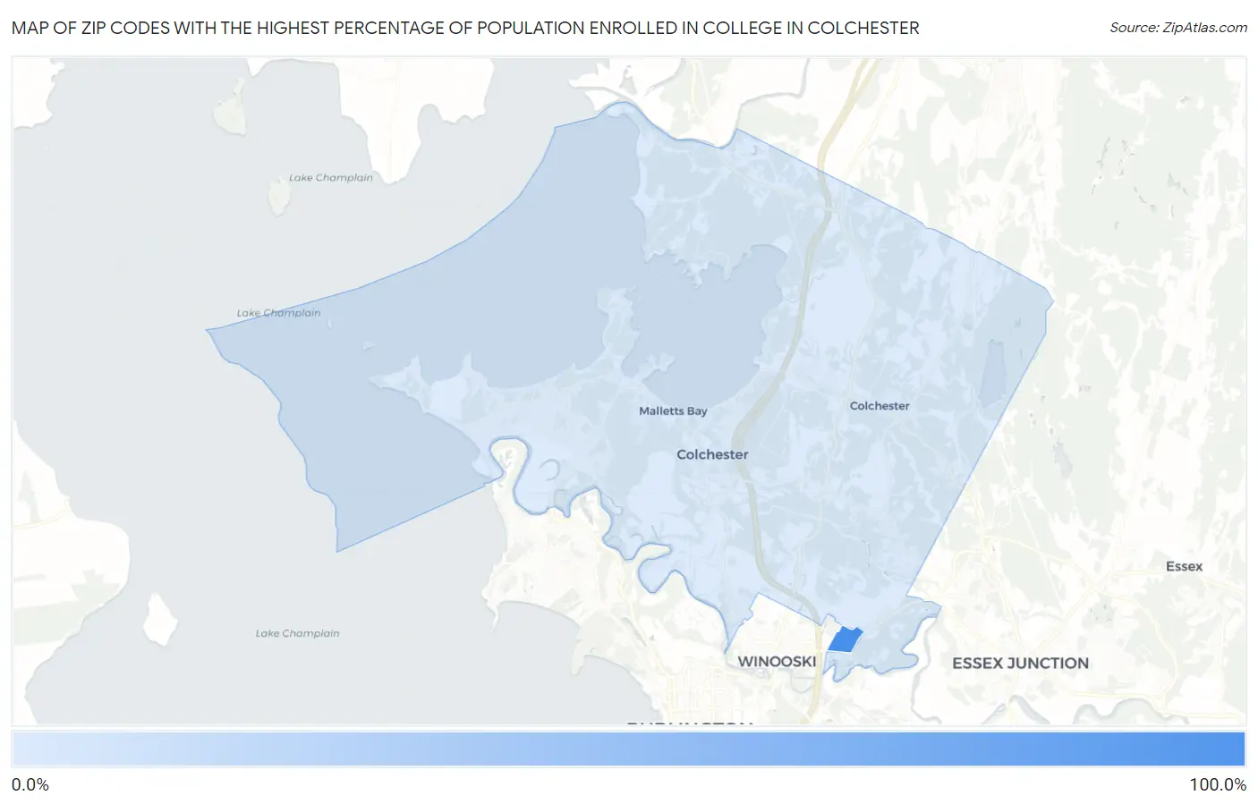 Zip Codes with the Highest Percentage of Population Enrolled in College in Colchester Map