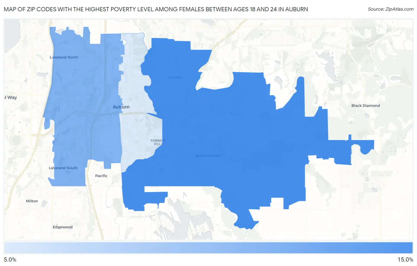 Zip Codes with the Highest Poverty Level Among Females Between Ages 18 and 24 in Auburn Map