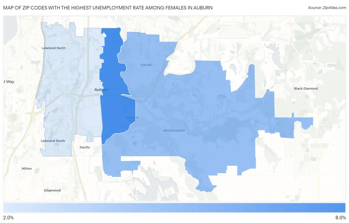 Zip Codes with the Highest Unemployment Rate Among Females in Auburn Map