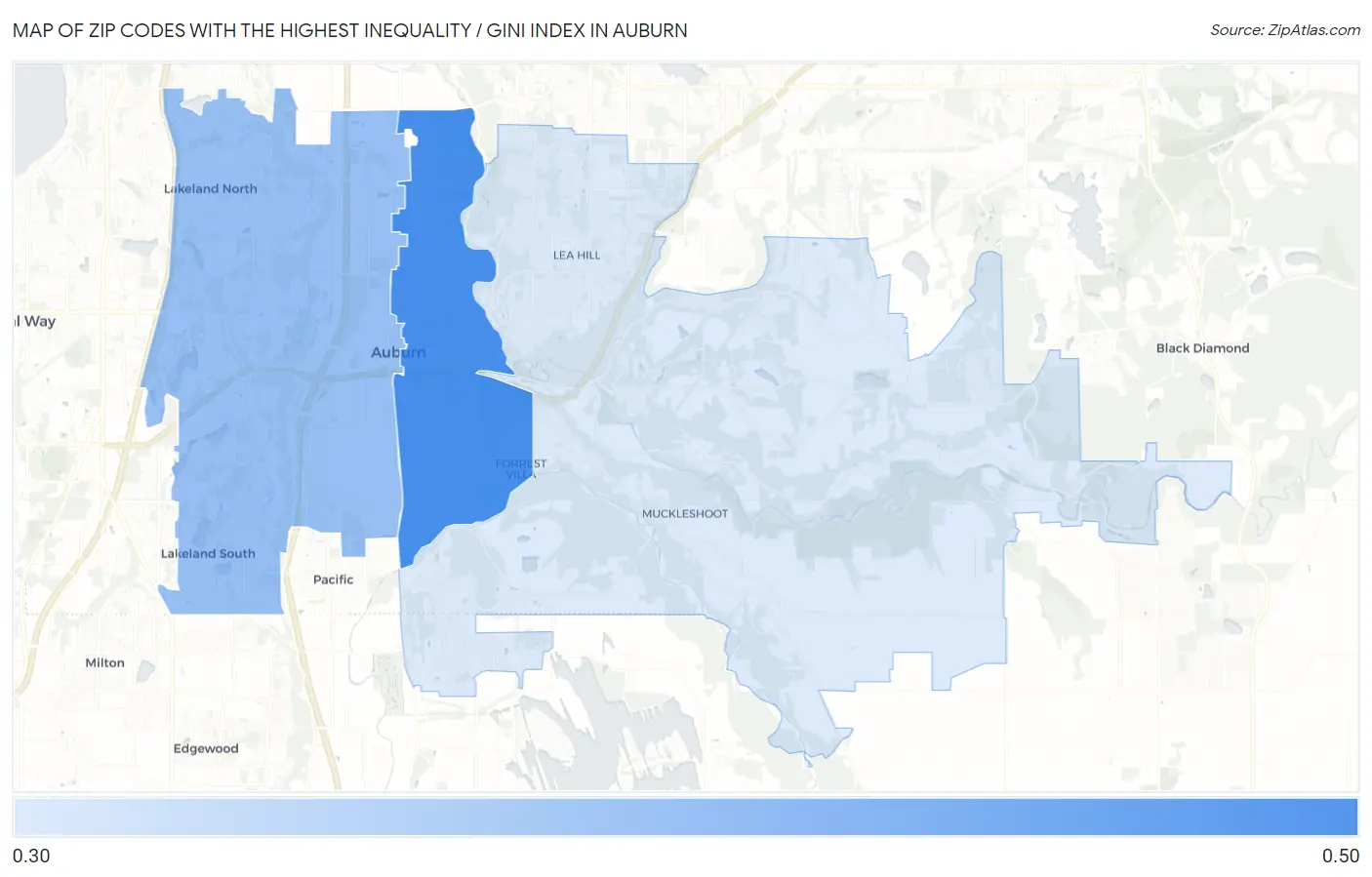 Zip Codes with the Highest Inequality / Gini Index in Auburn Map