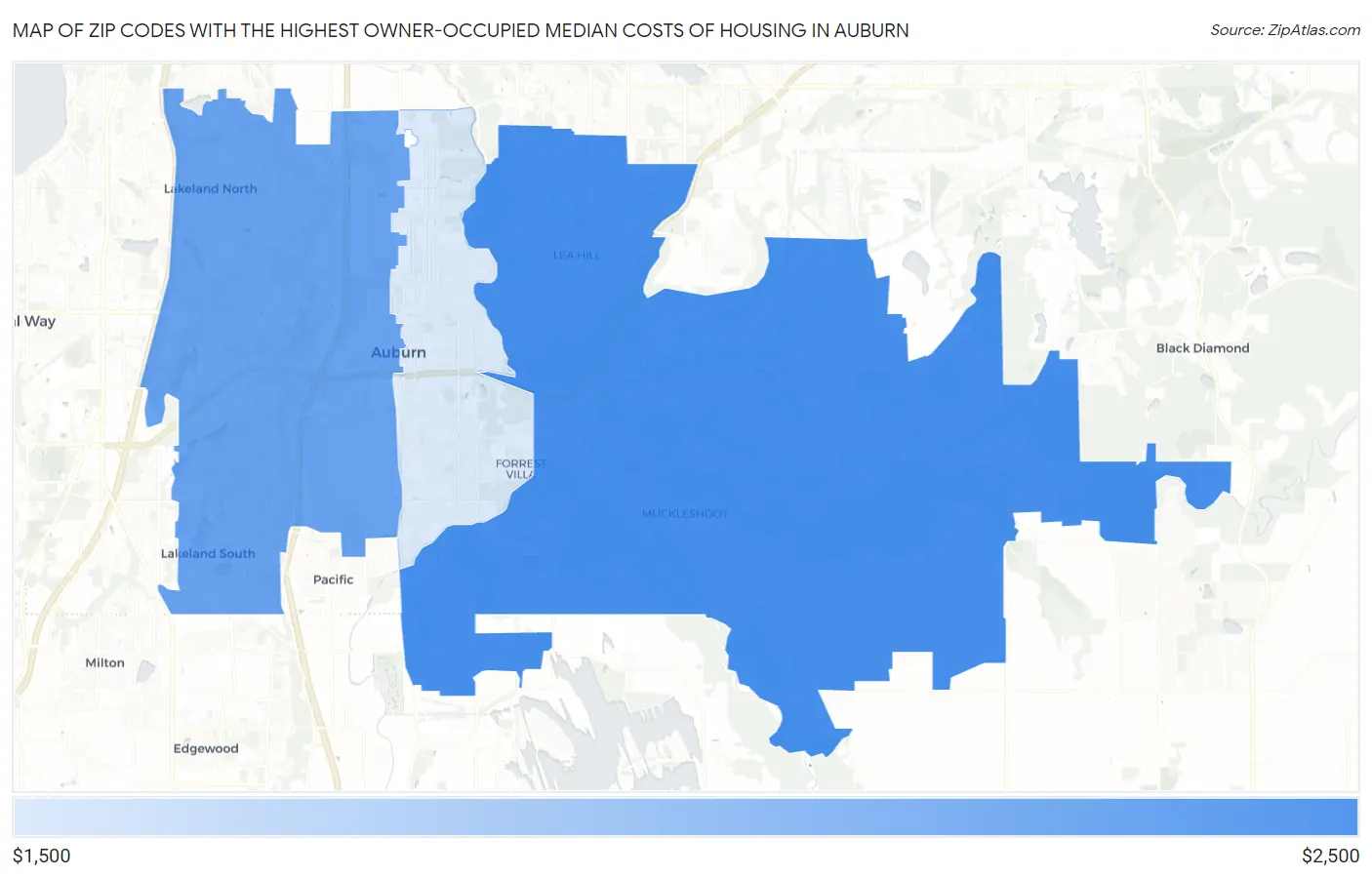 Zip Codes with the Highest Owner-Occupied Median Costs of Housing in Auburn Map