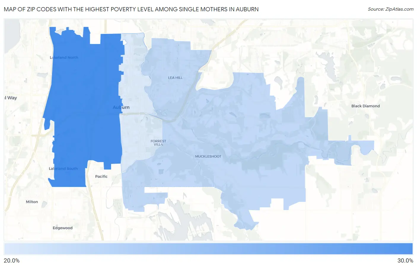 Zip Codes with the Highest Poverty Level Among Single Mothers in Auburn Map