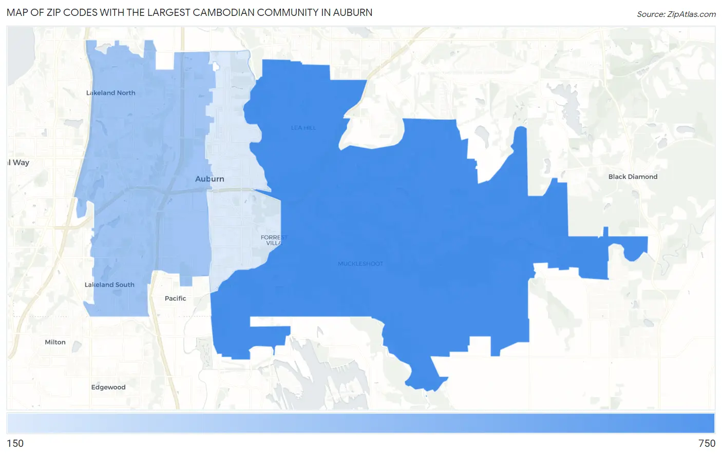 Zip Codes with the Largest Cambodian Community in Auburn Map