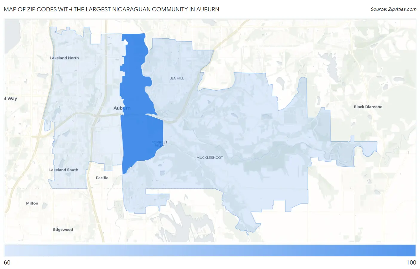 Zip Codes with the Largest Nicaraguan Community in Auburn Map