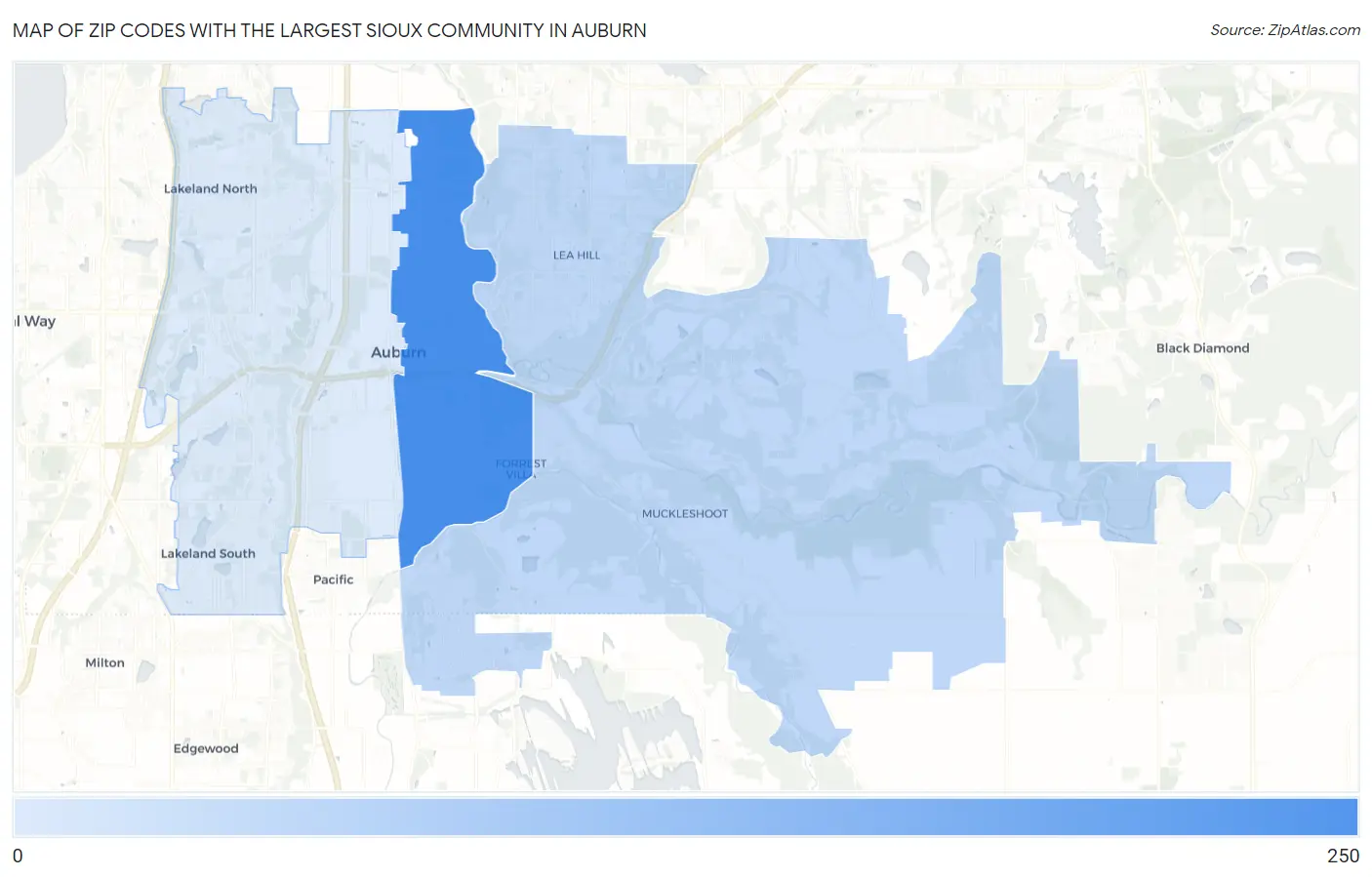 Zip Codes with the Largest Sioux Community in Auburn Map