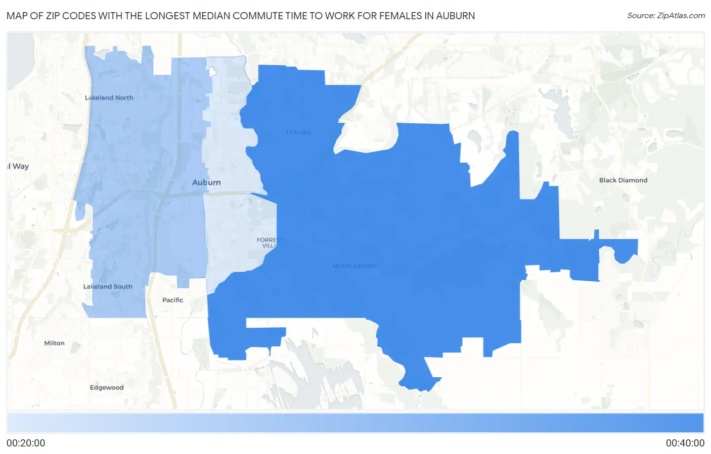 Zip Codes with the Longest Median Commute Time to Work for Females in Auburn Map