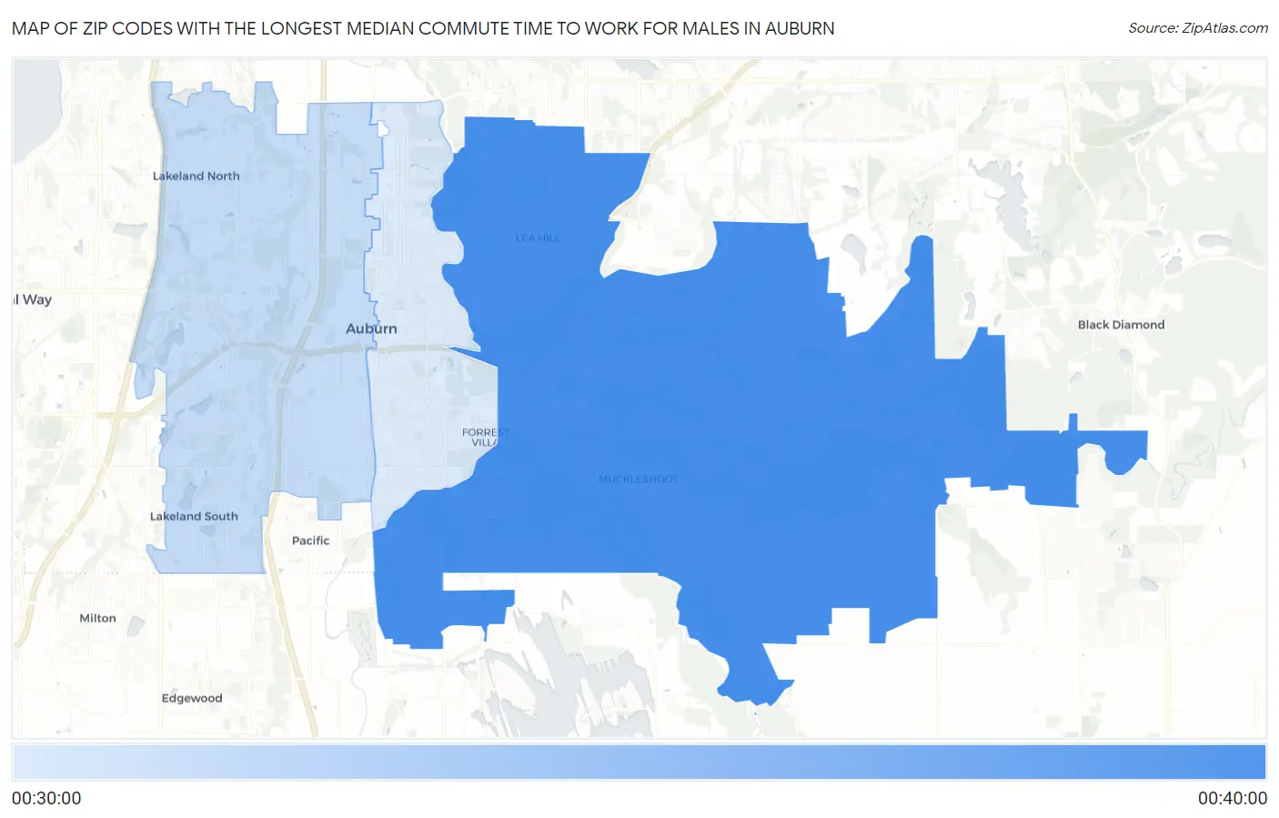 Zip Codes with the Longest Median Commute Time to Work for Males in Auburn Map