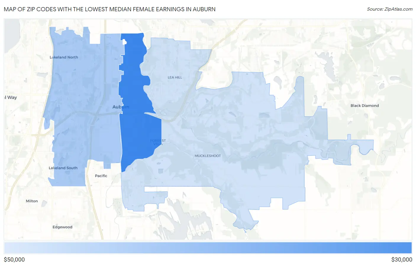 Zip Codes with the Lowest Median Female Earnings in Auburn Map