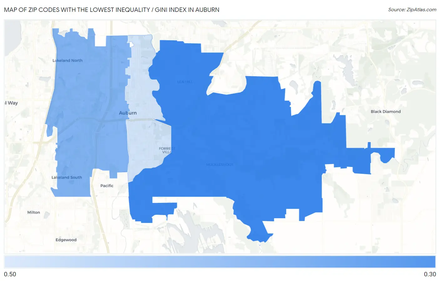 Zip Codes with the Lowest Inequality / Gini Index in Auburn Map