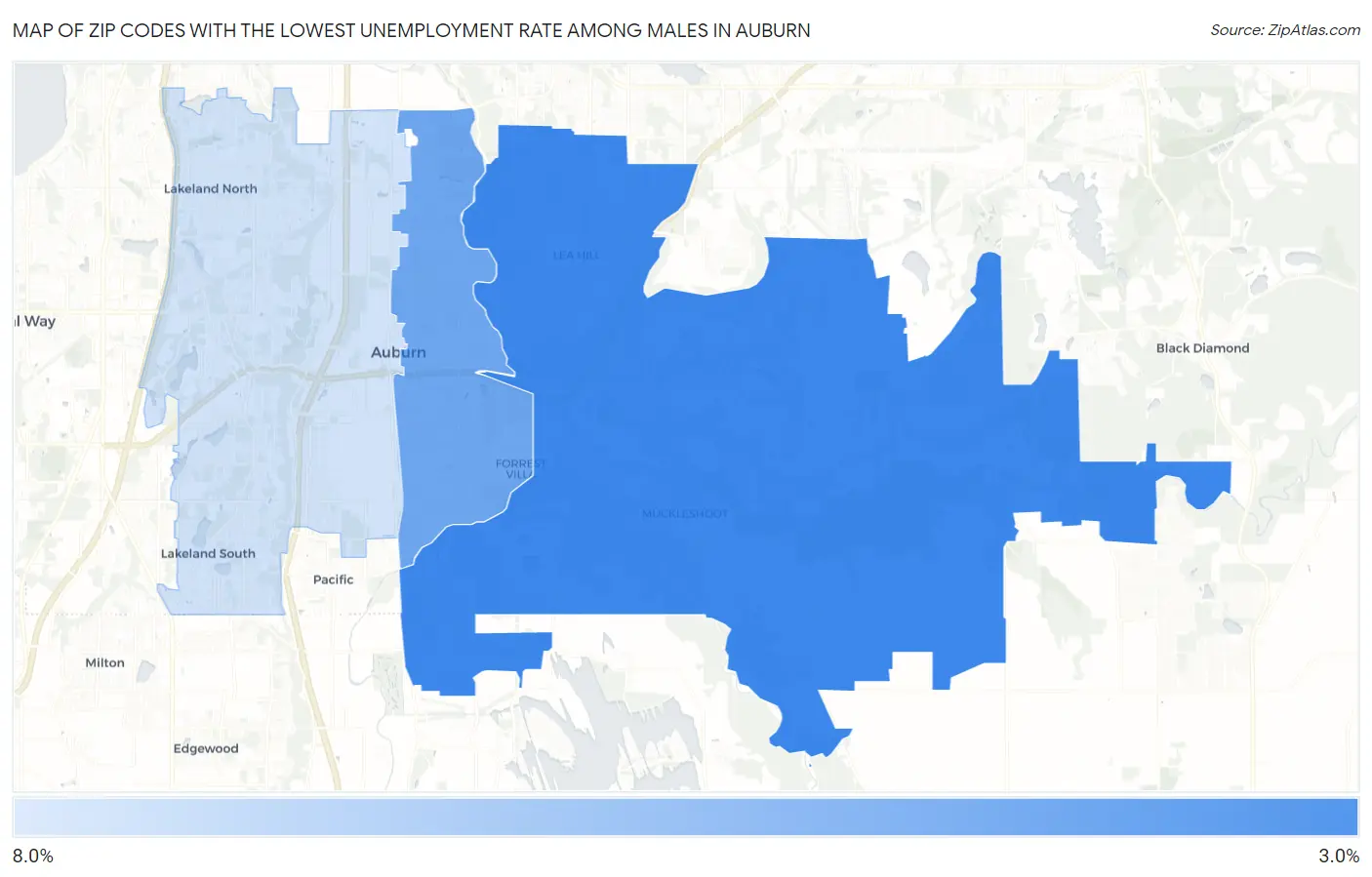 Zip Codes with the Lowest Unemployment Rate Among Males in Auburn Map