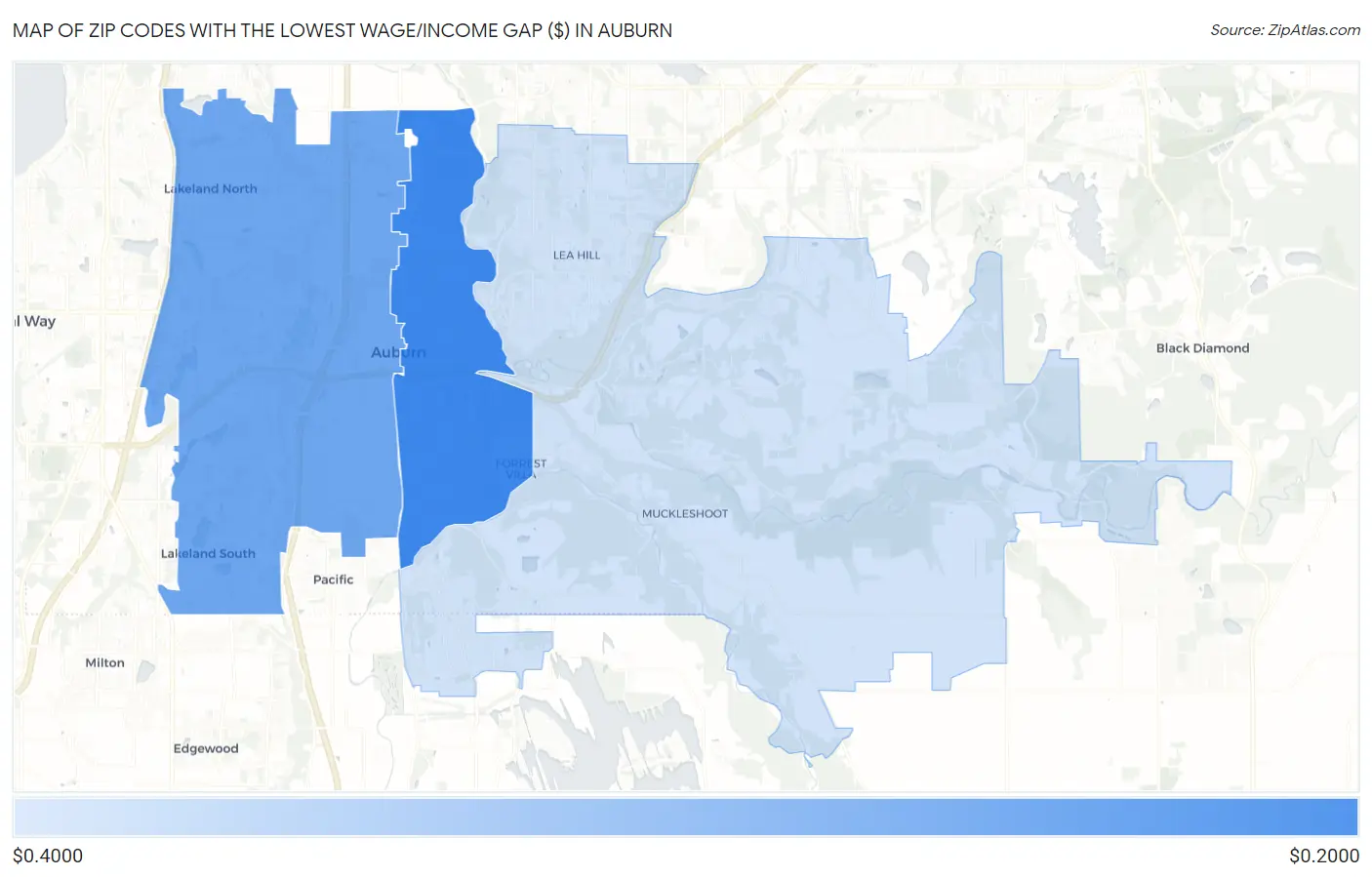 Zip Codes with the Lowest Wage/Income Gap ($) in Auburn Map