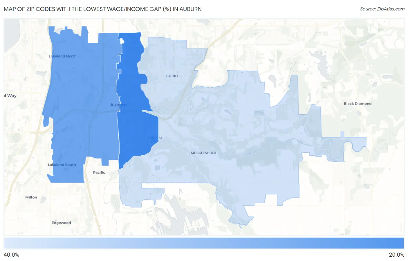 Zip Codes with the Lowest Wage/Income Gap (%) in Auburn Map